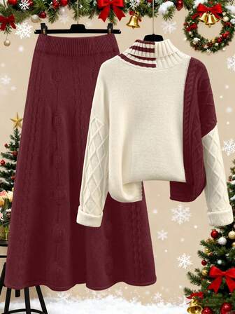 新年时尚优雅宽松休闲女式高领套头长袖撞色毛衣和半裙两件套，女士秋冬装