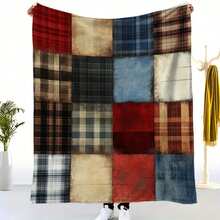 1pc Soft Flannel Patchwork Plaid Blanket - All-Season Bedspread With Multicolor Geometric Bedding, Sofa & Camping Throw, Cozy Bed Cover For &, Neutral Tones (Beige/Brown/Gray/White) - Home Decor Gift - 彩色 - 查看 2