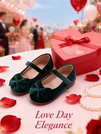 1双时尚深绿色平底鞋，天鹅绒蝴蝶结玛丽珍鞋，优雅公主风，适合派对礼服、节日庆典、生日派对等场合。