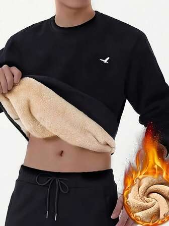 Men's Solid Color Minimalist Print Pullover Fleece Lined Warm Sweatshirt, Autumn/Winter