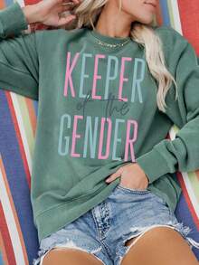 New Women's Sweatshirt Casual Long Sleeve Round Neck Sweater - "Keeper Of The Gender" Print, Heather Gray With Blue And Pink Details, Machine Washable Pullover For Spring/Autumn Loose And Comfortable - 綠色的 - 查看 1