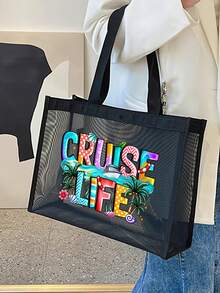 1/2 Cruise Life 图案字母印花网眼手提袋，可作洗漱包，大容量手提包，送给女孩的礼物，母亲节礼物，可折叠轻便，适合个人旅行化妆品收纳，易于清洁，旅行必备，生日礼物，教师节礼物，情人节礼物，圣诞节礼物，感恩节礼物 - 彩色 - 查看 2