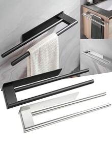 1 suport pentru prosoape din oțel inoxidabil fără găurire, design cu bară dublă, suport pentru prosoape de bucătărie/baie, bară autoadezivă pentru prosoape de oaspeți, suport/bară pentru prosoape montat pe perete, economisește spațiu, accesoriu modern pentru baie