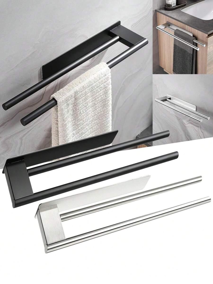 1 suport pentru prosoape din oțel inoxidabil fără găurire, design cu bară dublă, suport pentru prosoape de bucătărie/baie, bară autoadezivă pentru prosoape de oaspeți, suport/bară pentru prosoape montat pe perete, economisește spațiu, accesoriu modern pentru baie