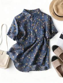 Damen Große Größen Kleinteiliges Blumen Muster Kurzarm Leinenbluse mit Mandarinskragen Künstlerisches Top für Petite, Sommer Leinen Damen Rock, Altes Geld, Boho Rock - Blau - Übersicht 2