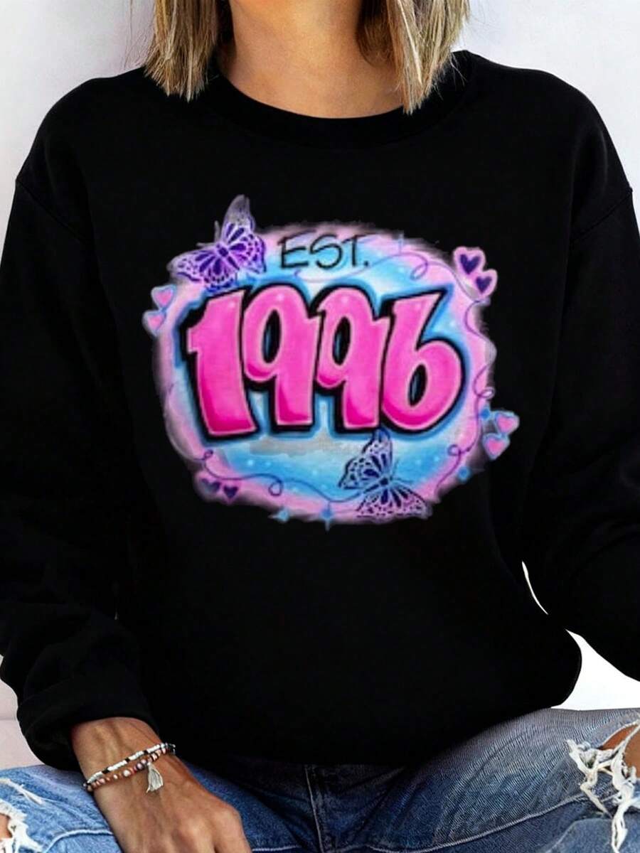 Est 1996 Birthday Gift For Women Pink And Purple Butterfly Design Sweatshirt Celebrate 28th Birthday Anniversary Gift Idea For Her 1996 Born Vintage Style Crewneck Sweater - 黑色 - 查看 1