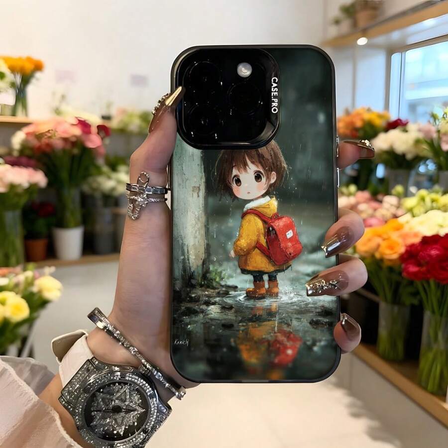 Funda de telefono estilo anime con diseño de niño con mochila roja y abrigo amarillo para lluvia en camino húmedo funda negra para iPhone adecuada para uso diario y regalos Aplicable a los teléfonos de la serie Apple y Galaxy - Blanco - Ver 1