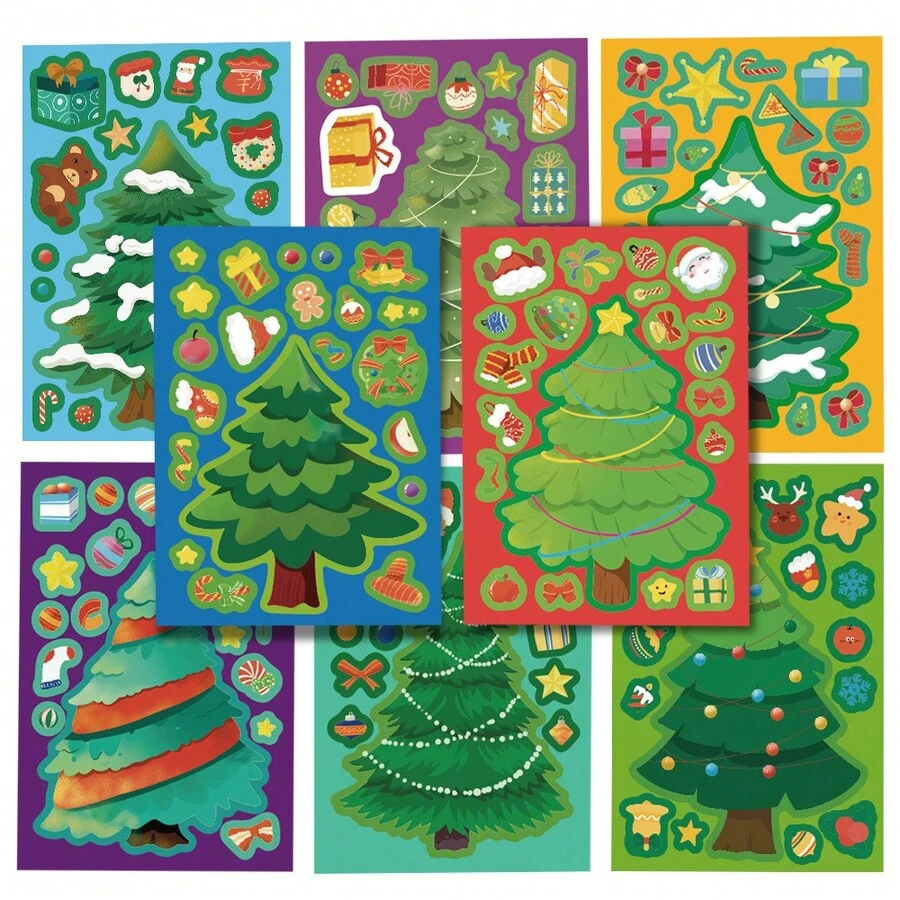 8pcs Cartoon Christmas Tree Sticker Series, Suitable For Scrapbooking, Diaries, Laptops, Water Bottles, Cars, Etc. Faith-Based Design With Positive Messages, Great Gift - Multicolor - View 1