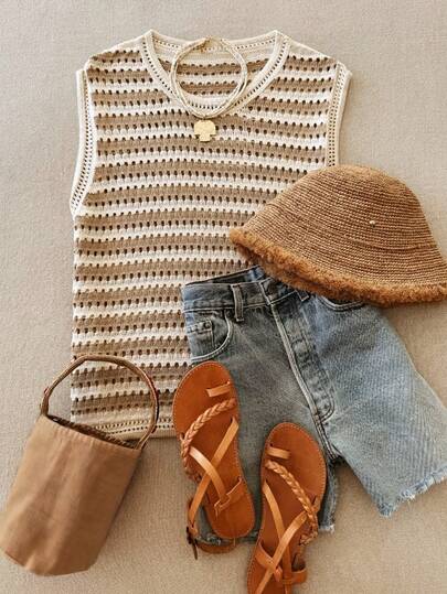 Women's Autumn/Winter Fashionable Casual Comfortable Striped Contrasting Apricot Lace-Up Semi-Sheer Knitted Sleeveless Cardigan Vest, Suitable For Home, Sunrise Beach And Holiday Wear