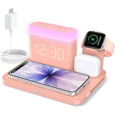 ANJANK Wireless Charging Station,5 In 1 Multiple Charger Stand With Alarm Clock,7 Night Light,Mag- Charging Dock For IPhone 17 16 15 14 13 12 Pro Max Plus, 11/10/9/8,For Airpods,Bedroom