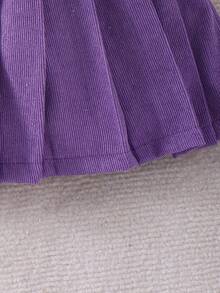 Set de 2 piezas de top acanalado con lazo y falda plisada de pana para niñas, estilo escolar elegante, para primavera/otoño - Morado - Ver 10