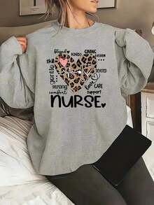Women's NURSE Heart Printed Casual Sweatshirt, Long-Sleeved Pullover, Comfortable Fit, Round Neck Design, Breathable Fabric, Casual And Fashionable Top,Suitable Family Gatherings And Trave - Xám - Xem 5