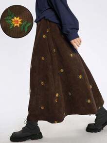 秋冬复古棕色灯芯绒绣花裙，秋季及膝绣花裙，校服裙，复古老钱裙，万圣节和圣诞节裙