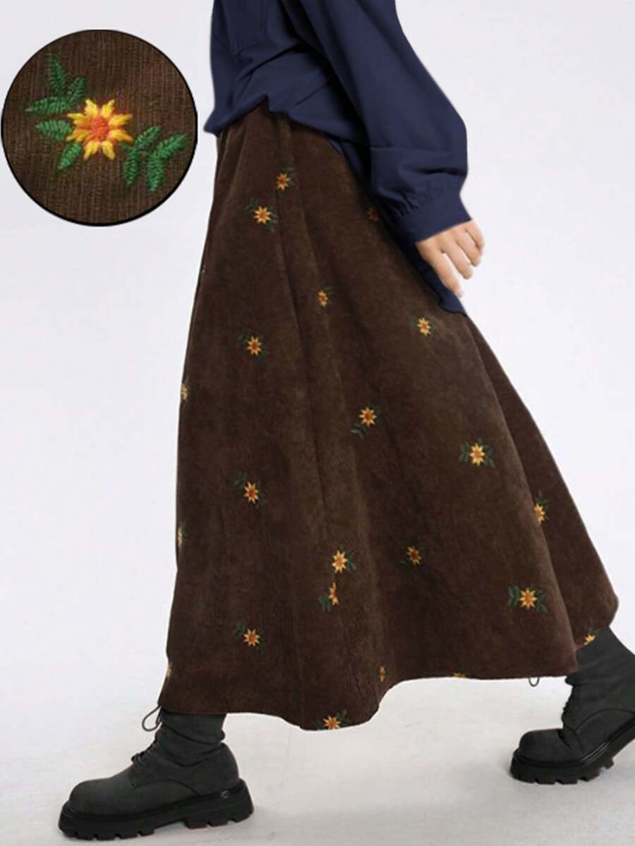 秋冬复古棕色灯芯绒绣花裙，秋季及膝绣花裙，校服裙，复古老钱裙，万圣节和圣诞节裙