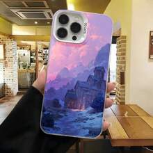 Cubierta de telefono con diseño de paisaje montano violeta y casa encantada para iPhone 14 Pro Max en color morado ideal para uso diario en cafeterias y salas de estar - Negro - Ver 3