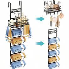 Over The Door Towel Racks For Bathroom 6 Tier Wall Mounted Towel Rack Detachable Black Bathroom Towel Holder With Metal Shelf Basket And Hooks Rolled Towel Hanger Organizer Black
