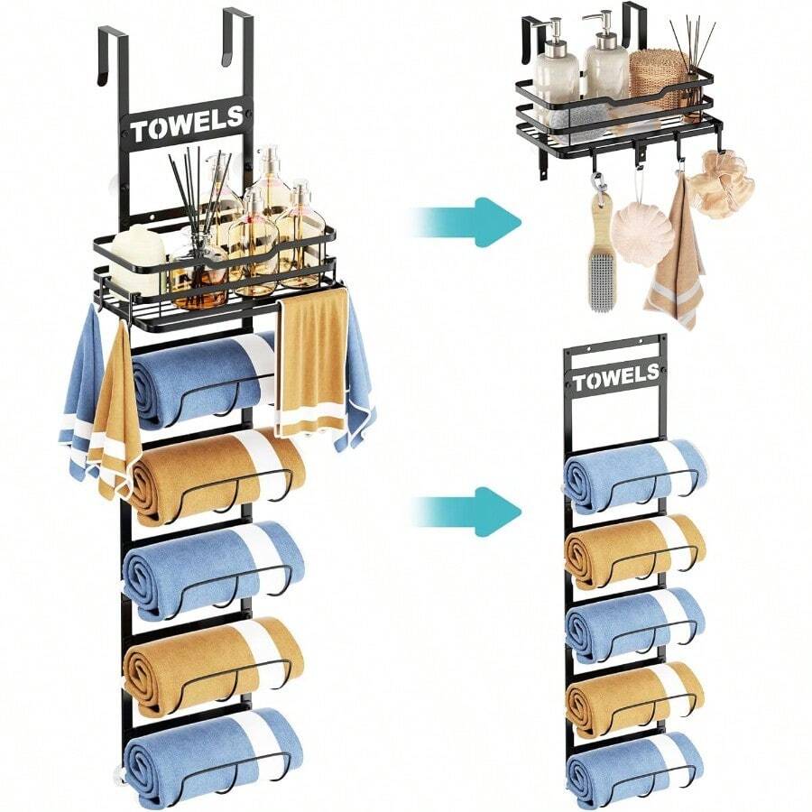 Over The Door Towel Racks For Bathroom 6 Tier Wall Mounted Towel Rack Detachable Black Bathroom Towel Holder With Metal Shelf Basket And Hooks Rolled Towel Hanger Organizer Black