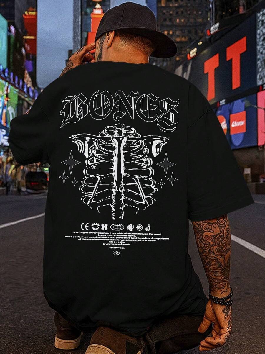 Camiseta Masculina Oversized Streetwear Estampada Camisa Gola Redonda Manga Curta Tendencia Lançamento - Preto - Visão 1