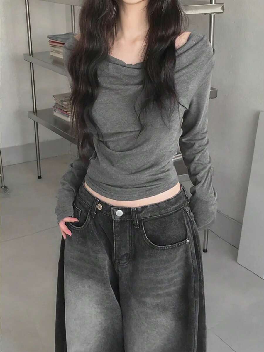 女士宽松露肩修身长袖T恤上衣 - 灰色 - 查看 1
