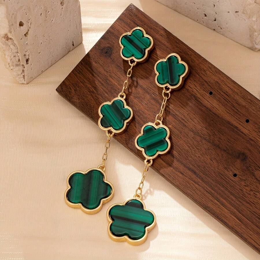 1对百搭复古独特四叶草花朵吊坠耳环（女士款） - 綠色 - 查看 1