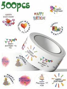 500张生日快乐贴纸，适用于儿童水瓶、笔记本电脑、行李箱、电脑、日记本、手机、礼物信封封口贴纸 - 彩色 - 查看 1