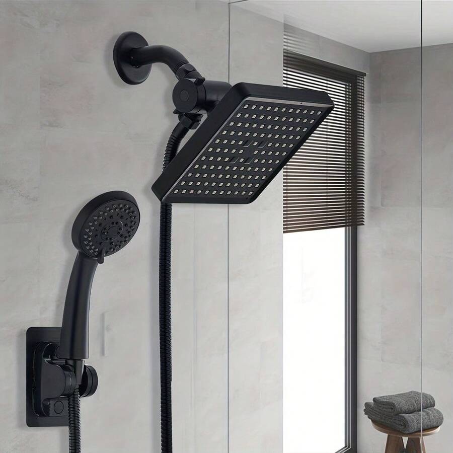 57-Inch Flexible Handheld Shower Head With 6-Inch Adjustable Round Bathroom Faucet Set, Includes 3-Way Diverter And Drill-Free Wall Mount Bracket, Black/Silver, Bathroom Upgrade, Stylish Shower Design, Multi-Function Shower, Luxury Bathroom - Set - View 1
