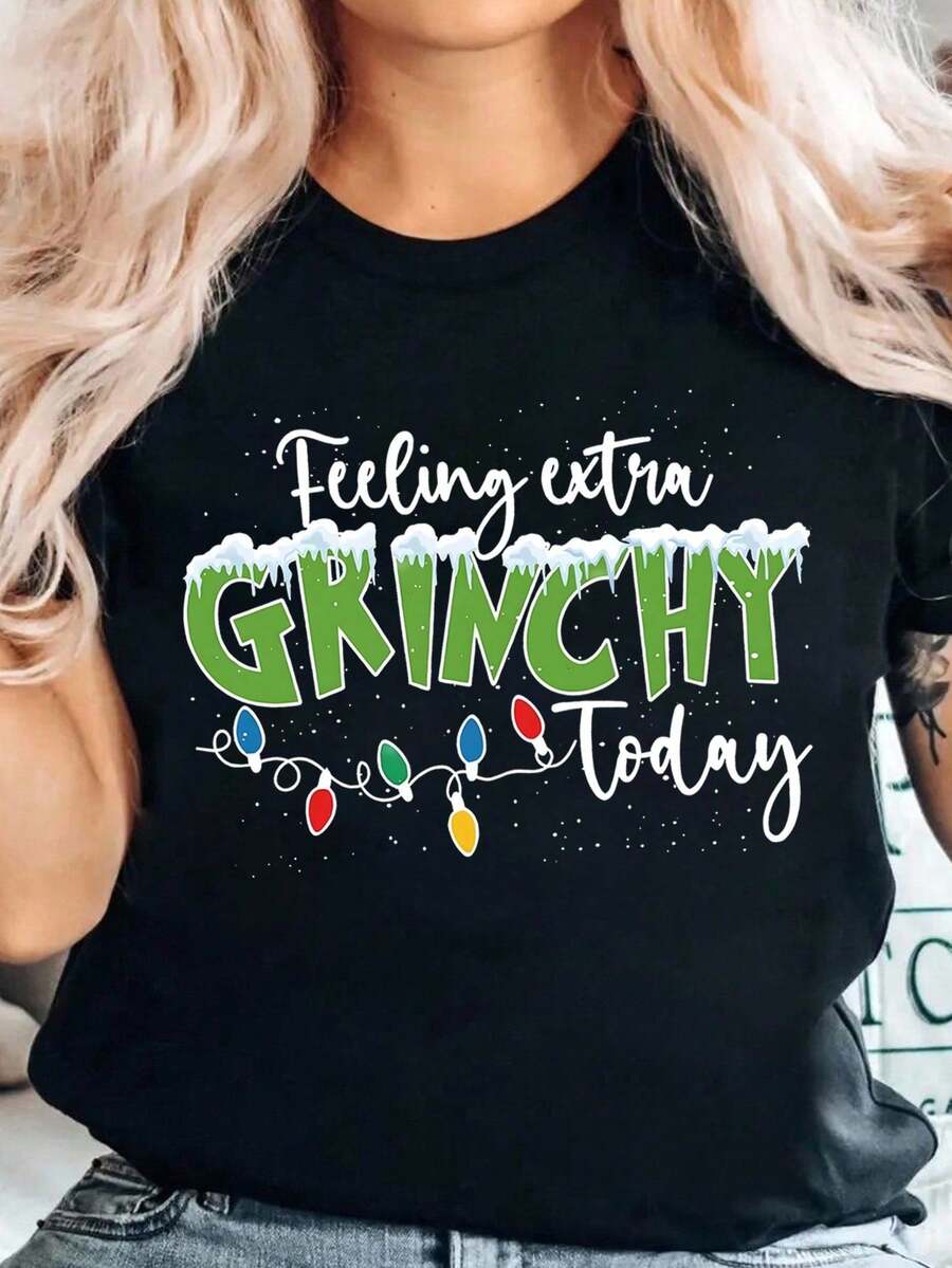 Summer Casual Printed T - Shirt Feeling Extra GRINCHY Today Christmas Graphic Tee For Daily Holiday Wear - 黑色 - 查看 1