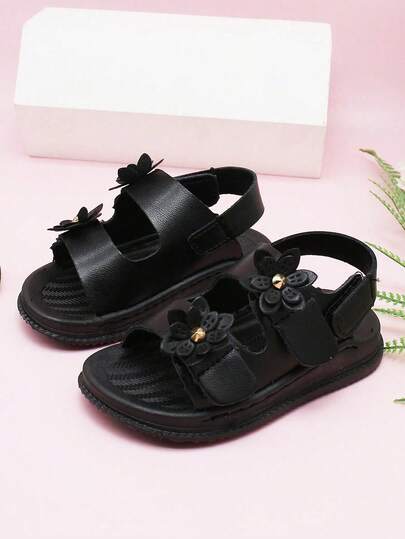 1 Pair Toddler Girls' Casual Flat Sandals, Fashion Double Flower Hook And Loop Closure Open Toe Sandals