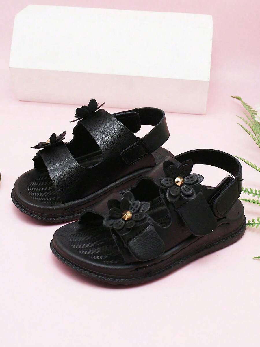 1 Pair Toddler Girls' Casual Flat Sandals, Fashion Double Flower Hook And Loop Closure Open Toe Sandals - Black - View 1