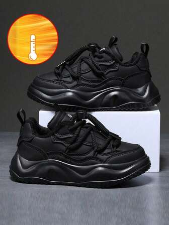 1双运动鞋，男女通用，幼儿/小童/大童，男童/女童，合成革防滑耐磨圆头时尚休闲鞋，秋冬季加厚跑步鞋，冬季保暖绒面内衬，青少年鞋款