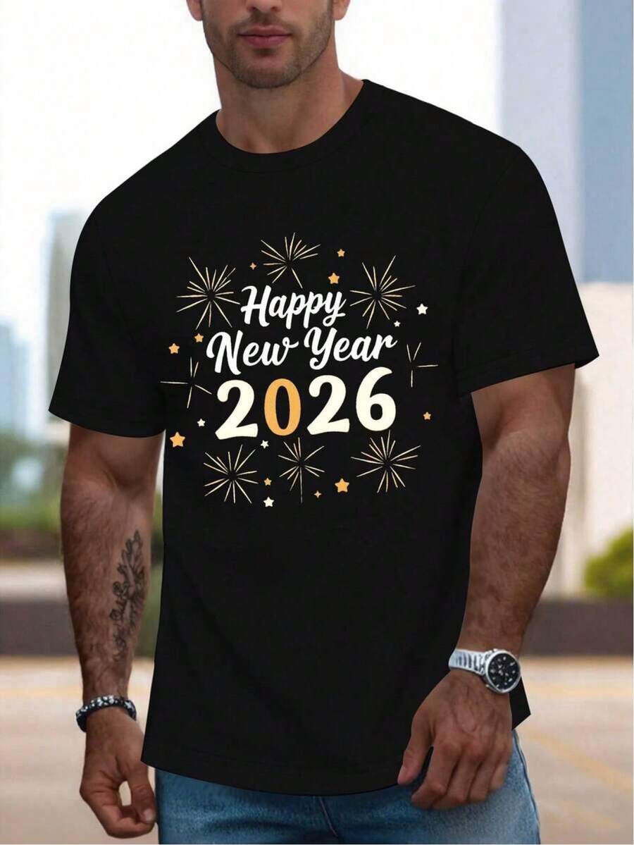 Camiseta de Año Nuevo - Camiseta Casual y Cómoda para Hombre 100% Algodón - Negro - Ver 1