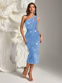 Elegant Sequin Embellished One-Shoulder Fitted Party Dress Wedding Spring - Baby Blue - View 5