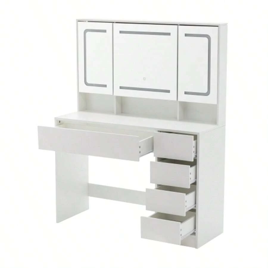 Dressing Table, Vanity Table With Stool, Lighting, Mirror, White - White - View 1