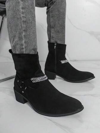 Botas Chelsea de denim negro retro con diseño de cadena de metal de ante, estilo casual punk adecuado para el transporte diario, check-in y ocasiones sociales de nicho, botas personalizadas que combinan las características de las botas de denim y las botas Chelsea