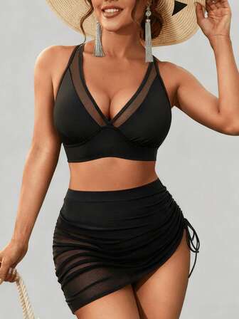 2025 New Bikini Set With Mesh Skirt, Cross-Border To Europe And America, Drawstring Waist Slimming Sexy Fitted Tummy Control Bikini Swimsuit For Beach Vacation