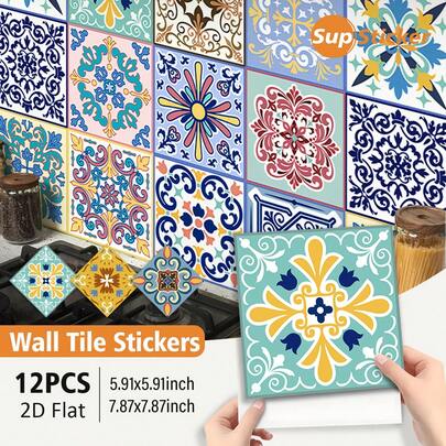 SUPSTICKER 12 miếng dán tường trang trí nhà phong cách Bohemian họa tiết hoa cổ điển, chống thấm nước, chống dầu, dễ lau chùi, chịu nhiệt, bóc ra và dán, có thể tháo rời, thích hợp trang trí phòng khách, phòng ngủ, nhà bếp và phòng tắm