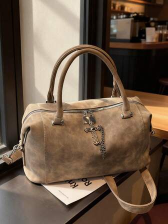 新款复古PU皮女士手提包，时尚拉链单肩包，配可拆卸肩带，女士工作旅行二合一包，灰色、黑色、绿色