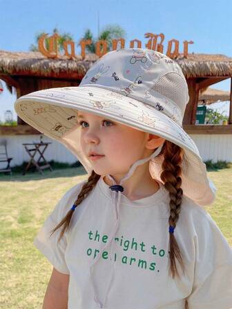 儿童防晒帽，新款春夏宽边沙滩防紫外线渔夫帽，适合男童和女童，适合3-8岁，图案随机