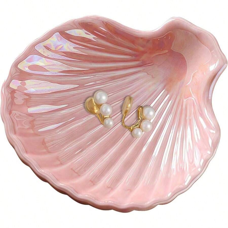 Conch Shape Jewelry Dish Ceramic Holder Ring Trinket Tray, Ocean - Themed Decorative Trinket Dish, Suitable Mother Friend Sister, Gifts Women, Home Decor Trinket DishSea Blue - 粉色 - 查看 1