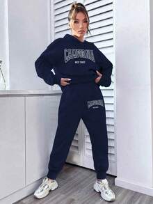 Women's Letter Print Warm Hoodie And Pants Set