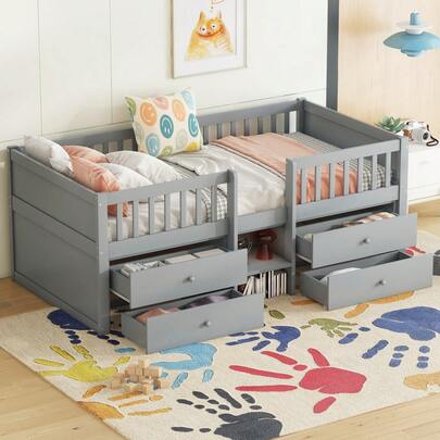 Semi-High Bed, 90*200cm, 4 Drawers, Guardrail, Ladder, Pine Wood, Without Mattress, Minimalist Style, Grey