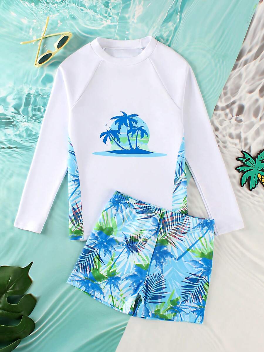 男童椰子树印花长袖短裤休闲泳衣套装