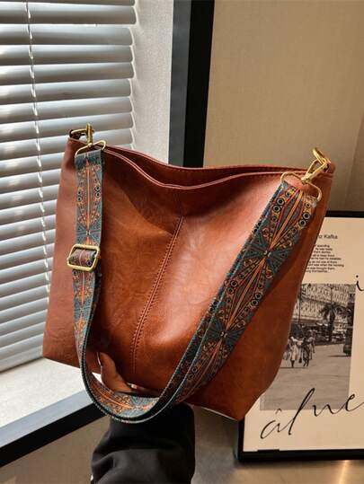 Bolso de gran capacidad estilo bohemio, bolso de hombro/cruzado con correa ancha vintage, bolso cubo de alta calidad para ir al trabajo