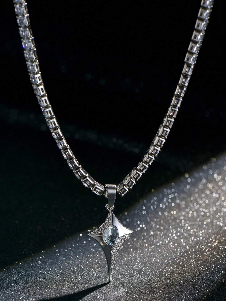 男士项链，闪亮链条，镶嵌立方氧化锆，蓝色星芒吊坠 - 銀色 - 查看 1