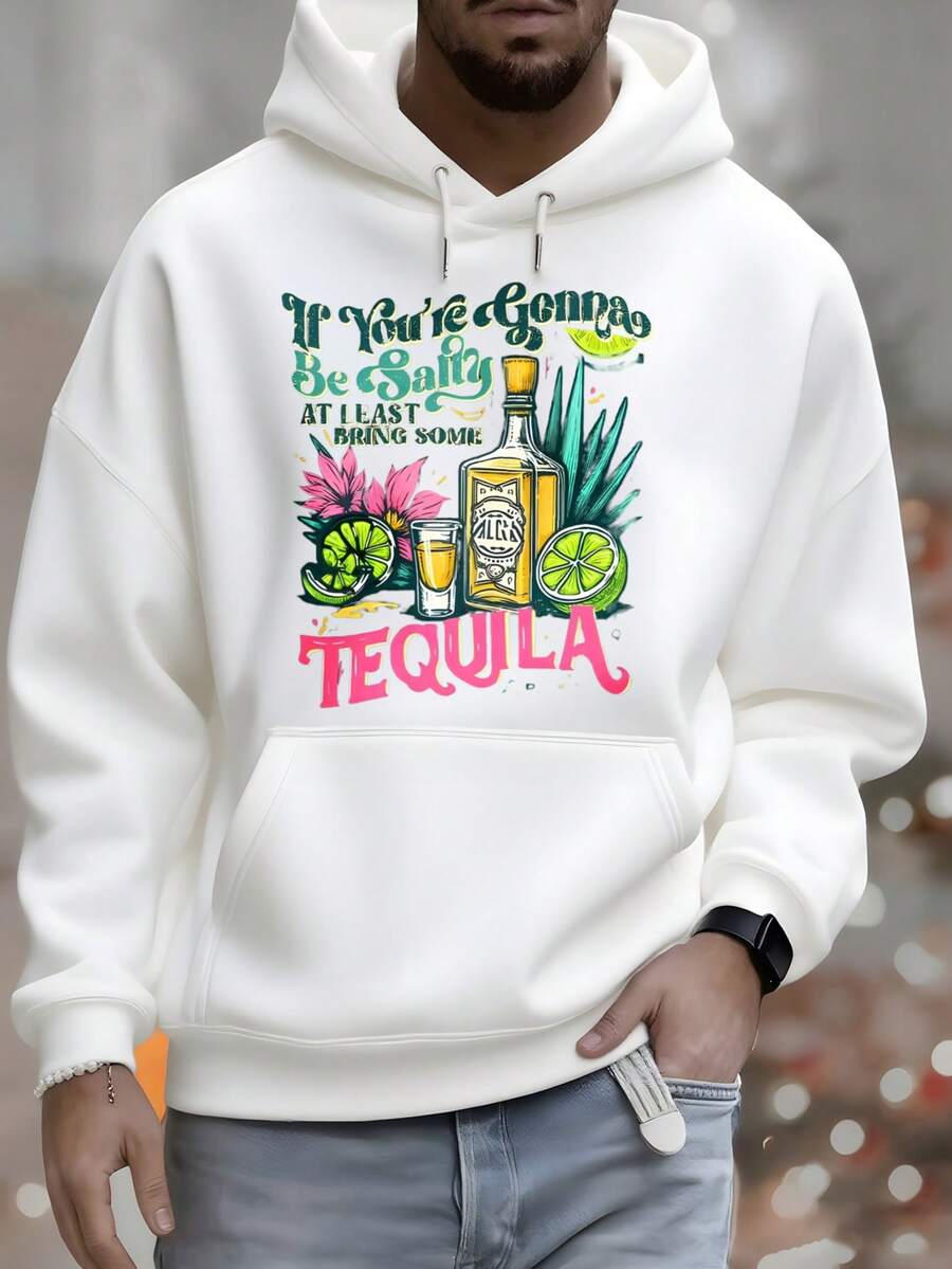 Men's Hoodie, Tequila Bottle Design, Lime Blossom, If You're Going To Be Salty, At Least Bring Some Tequila, Text Design, Versatile Casual Fashion For Autumn And Winter, Suitable For Leisure And Sportswear, Fashionable Gift, The Best Choice For Holiday Gifts. - 白色 - 查看 1