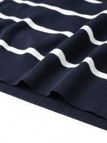 Long Sleeve Striped Airplane Collar Knit Sweater - Navy Blue - View 4