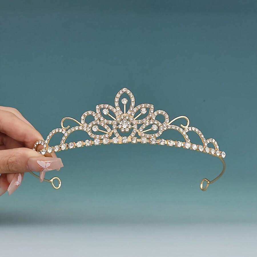 1PC New Crown Elegant Rhinestone Princess Crown Queen Birthday Party Headpiece Women Bride Wedding Hair Accessory Jewelry Headpiece - HG349-金紅 - 查看 1