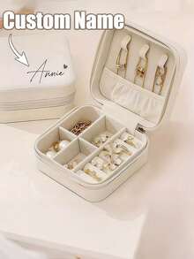 1pc Customizable Name Jewelry Box, Beige Bridesmaid Jewelry Box, Zipper Closure, Fabric Lining, With Compartments, Travel Jewelry Storage Box, Suitable As Bridesmaid Gift, Birthday Gift, Thanksgiving Gift, Mother's Day Gift, Or Travel Jewelry Box - Multicolor - View 5