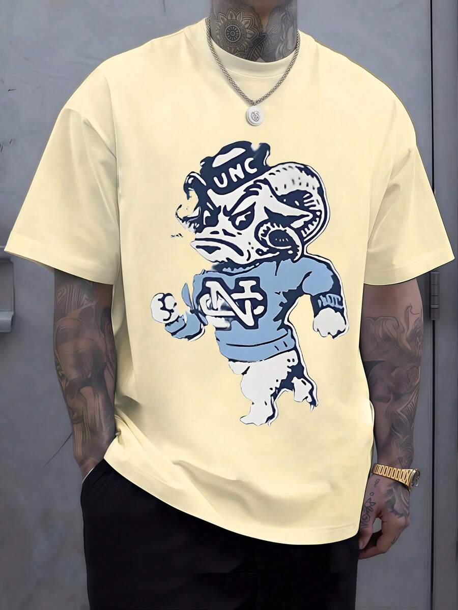 A Cartoonish Ram Mascot Displaying The Letters UNC Representing The T Shirt In Blue And White 100% Cotton Casual Activewear Fashion Clothing - 杏色 - 查看 1