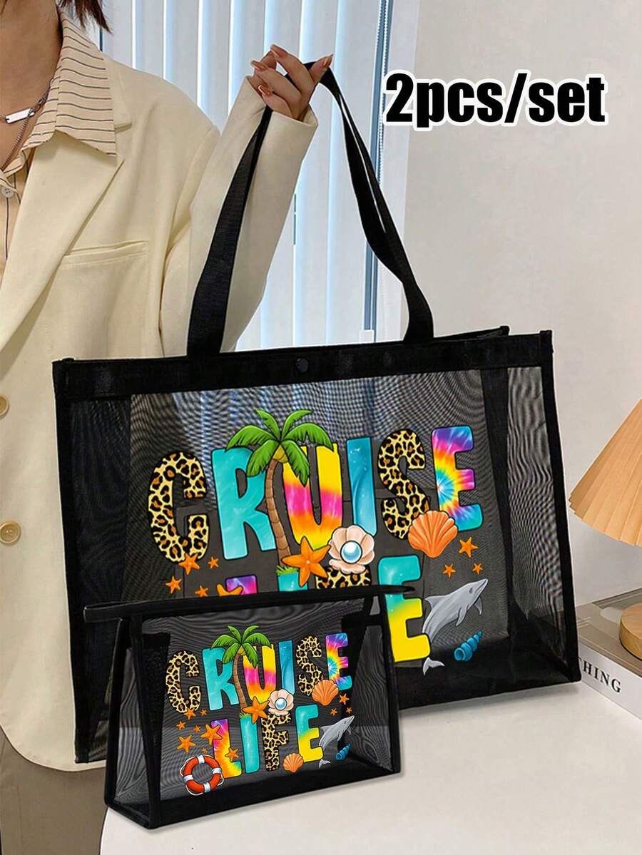 Cruise Life 图案字母印花网眼袋,沙滩包,收纳袋,化妆包,大容量手提袋,送给女孩的礼物,母亲节礼物,可折叠收纳袋,适合个人旅行化妆品收纳,旅行化妆包,生日礼物,旅行化妆工具,教师节礼物,情侣礼物,生日礼物,旅行必备,宿舍必备,满足日常旅行需求,夏季沙滩必备包 - 彩色 - 查看 1